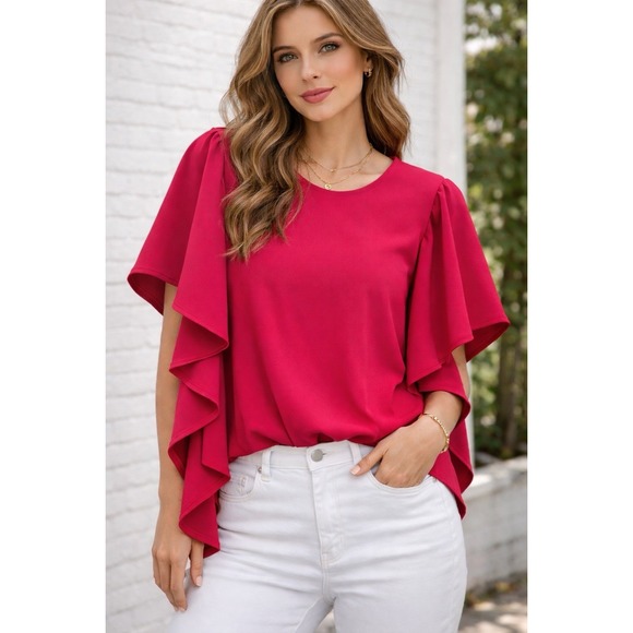 Leith Tops - Leith Dark Pink Flutter Sleeve Blouse Size M Feminine Chic‎ Flowy Date Night Top